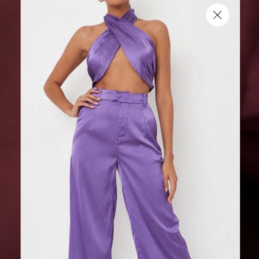 Missguided purple co ord satin wide leg trouser with halter neck bralet size 4